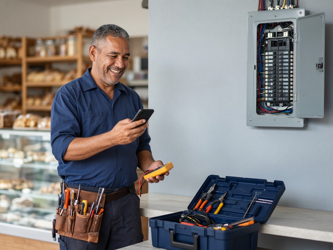 Electricista sonriente con camisa de trabajo azul marino revisa su orden en el teléfono dentro de una panadería, junto a un tablero eléctrico abierto y su caja de herramientas