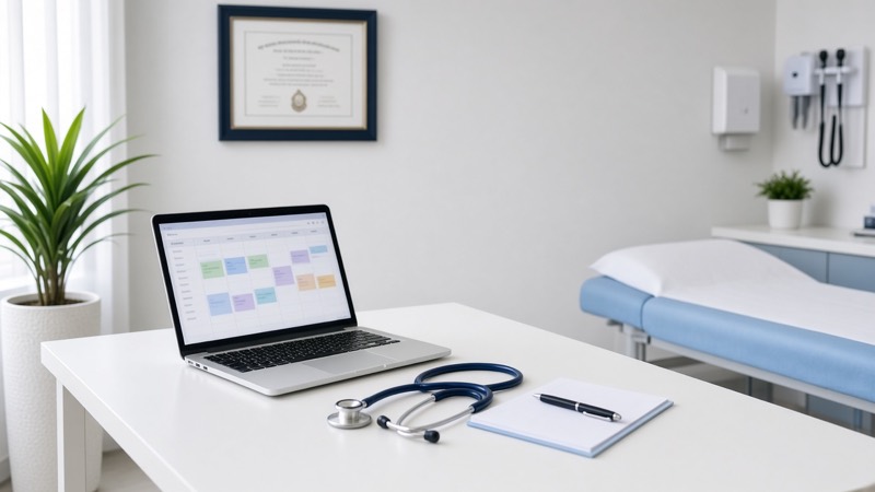 Consultorio médico con laptop, estetoscopio y un diploma en la pared