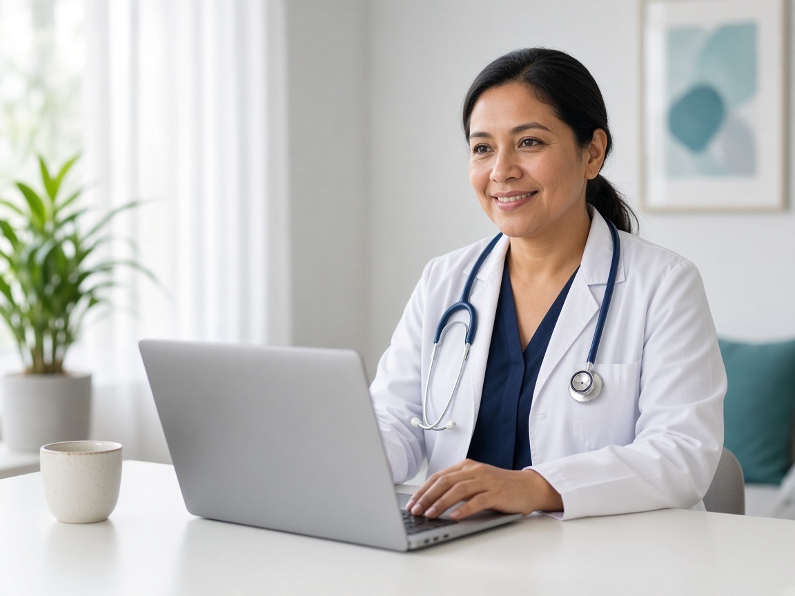 Doctora sonriente con bata blanca y estetoscopio trabaja en su laptop, en el escritorio de su consultorio