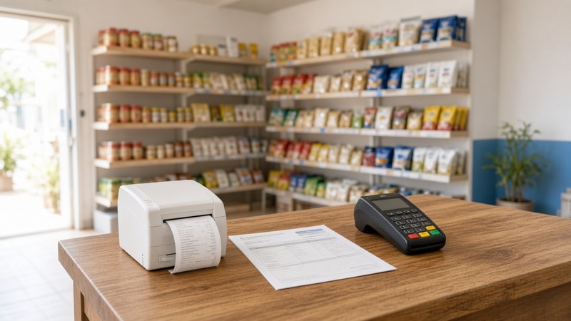 Mostrador de una tienda con impresora de recibos, una factura impresa y terminal de pago