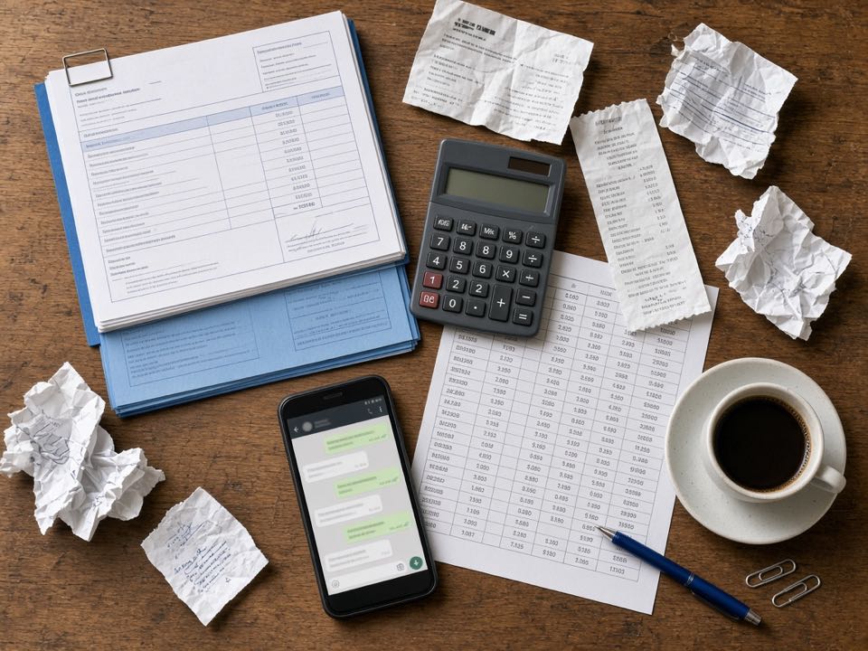 Escritorio con un talonario de papel carbón, recibos sueltos, calculadora, una hoja de cálculo impresa y un teléfono con un chat abierto