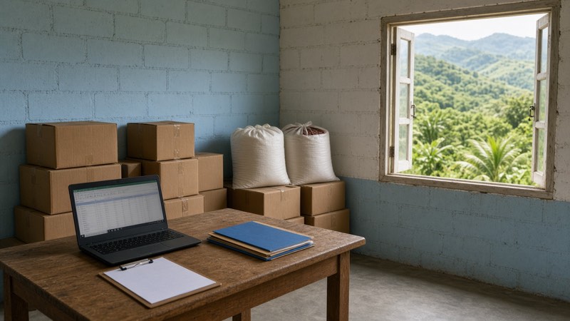 Salón de un centro comunitario con cajas de insumos, sacos de granos y una laptop sobre la mesa